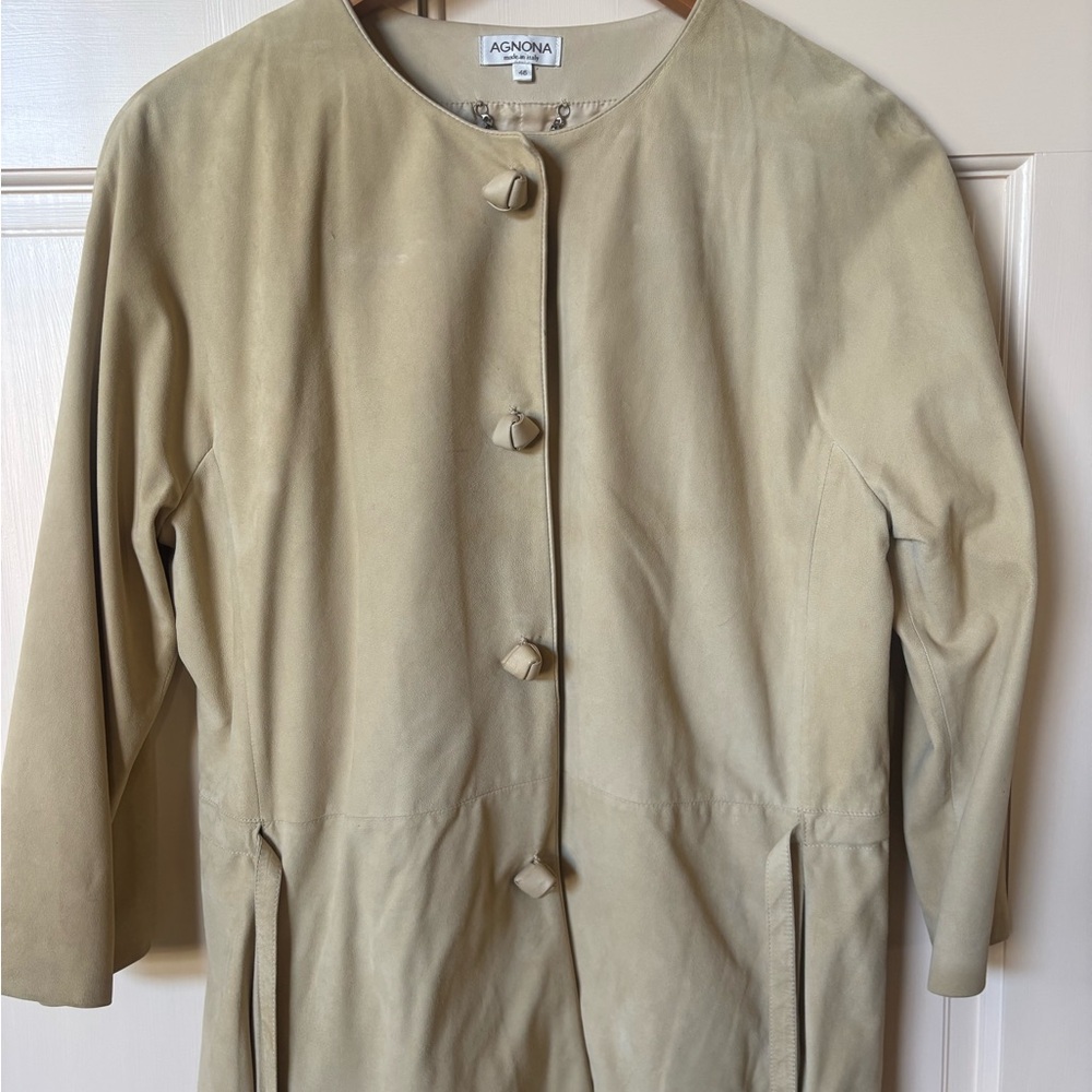 Beige Leather Coat - Women's Classic Button-Front Jacket